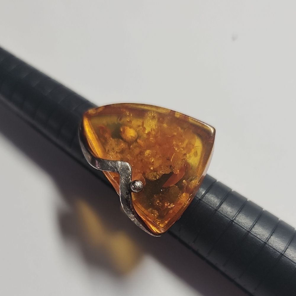 Triangular Amber Sterling Silver Ring Size 8.25 Adjustable Rare Design